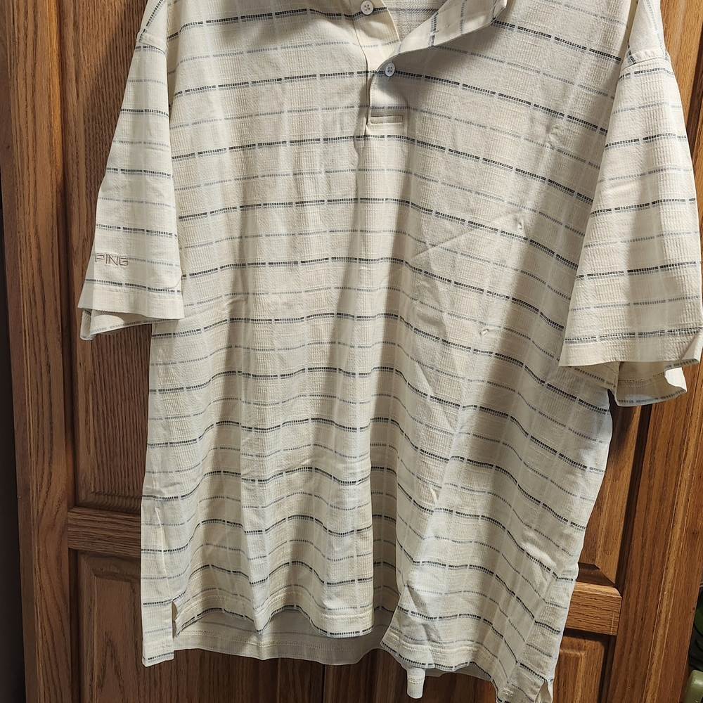 Men's Ping Cream Striped Polo Golf Shirt